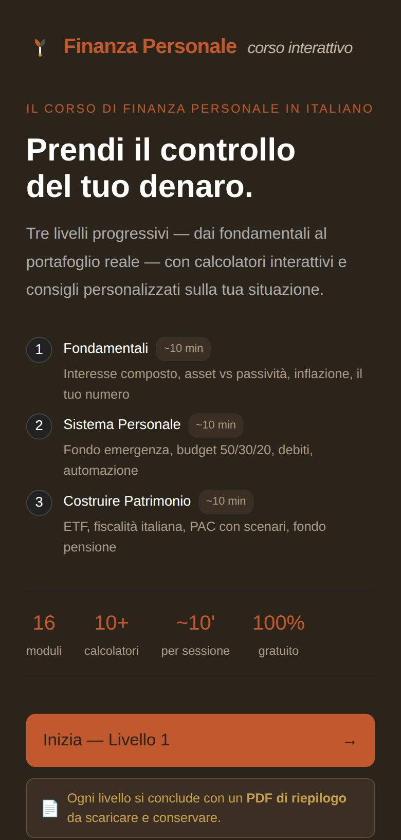 Il corso di finanza personale: la pagina di apertura