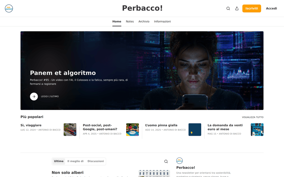 La home di Perbacco! su Substack, con l'ultimo numero in evidenza